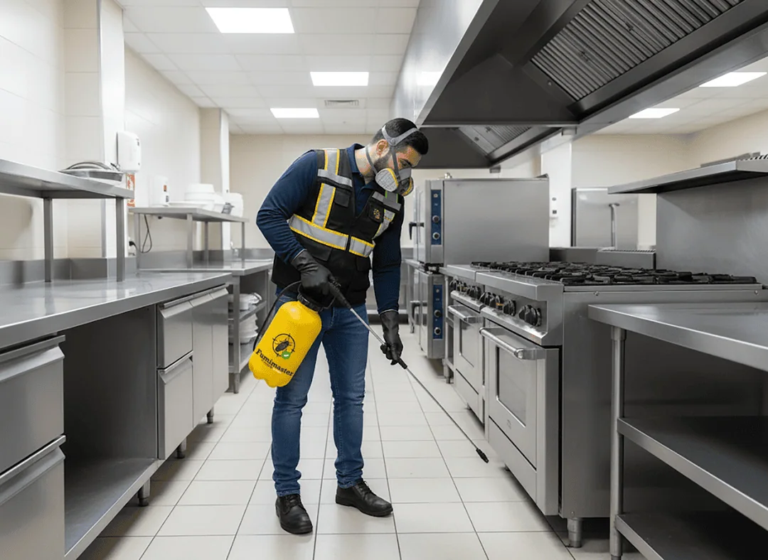 Técnico de Fumimaster fumigando una cocina industrial en menos de una hora para eliminar plagas.