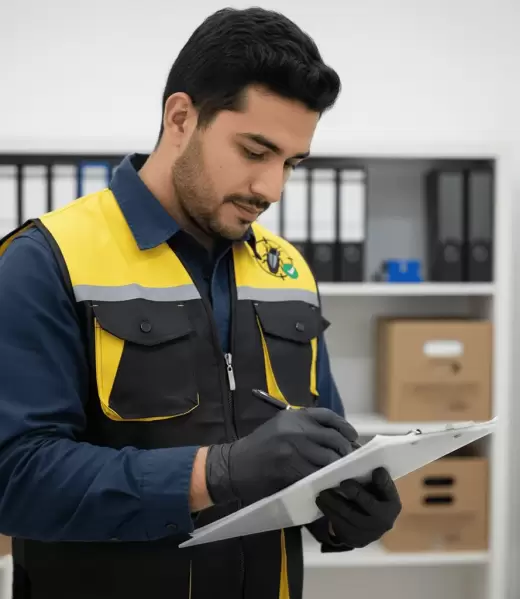 Especialista de Fumimaster con portapapeles revisando frecuencia de fumigación para hogares y negocios.