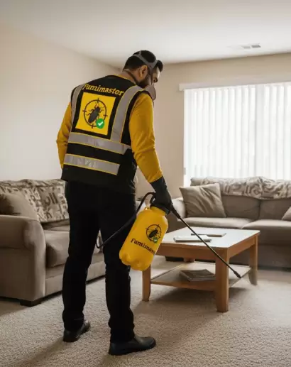 Especialista de Fumimaster fumigando alfombra en la sala de una casa para eliminar chinches y huevecillos.
