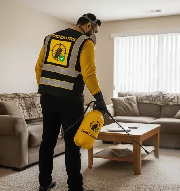 Especialista de Fumimaster fumigando alfombra en la sala de una casa para eliminar chinches y huevecillos.