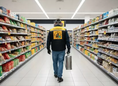 Técnico de Fumimaster en supermercado, recordando la importancia de limpiar las compras para prevenir plagas.