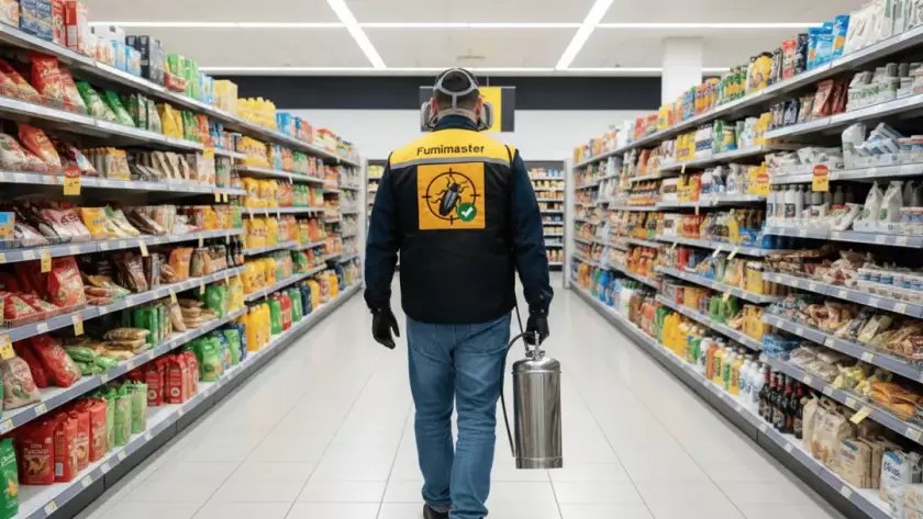 Técnico de Fumimaster en supermercado, recordando la importancia de limpiar las compras para prevenir plagas.