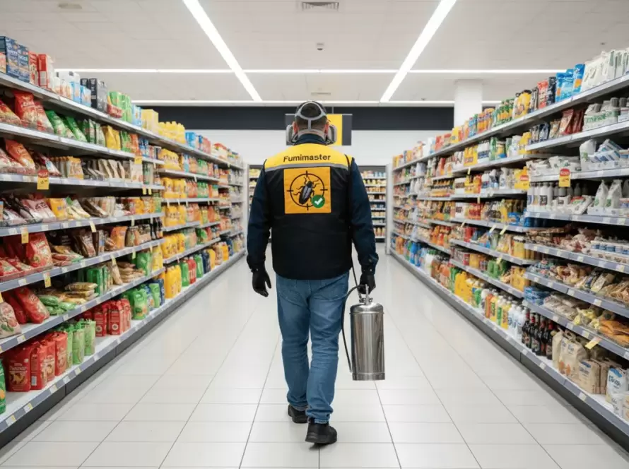Técnico de Fumimaster en supermercado, recordando la importancia de limpiar las compras para prevenir plagas.