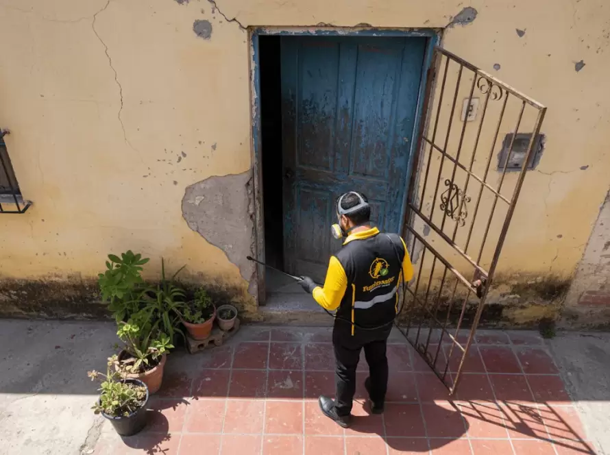 Técnico de Fumimaster fumigando la entrada de una casa para evitar la entrada de plagas.