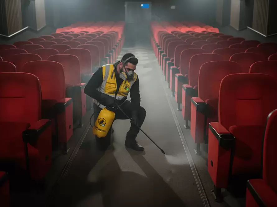 Especialista de Fumimaster aplicando fumigación entre butacas de cine rojas para eliminar chinches.
