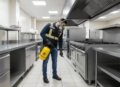 Técnico de Fumimaster fumigando una cocina industrial en menos de una hora para eliminar plagas.