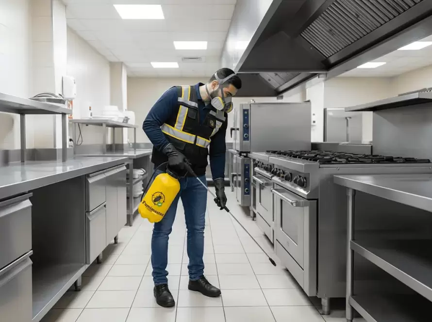 Técnico de Fumimaster fumigando una cocina industrial en menos de una hora para eliminar plagas.