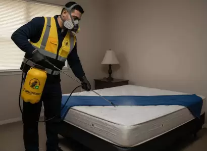 Especialista de Fumimaster aplicando fumigación en colchón para eliminar chinches y huevecillos resistentes.