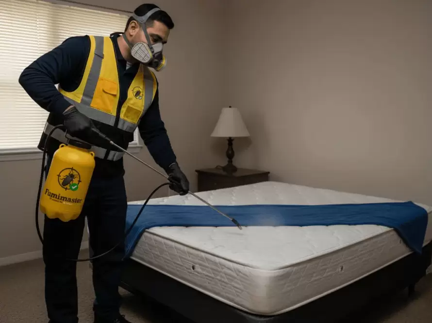 Especialista de Fumimaster aplicando fumigación en colchón para eliminar chinches y huevecillos resistentes.