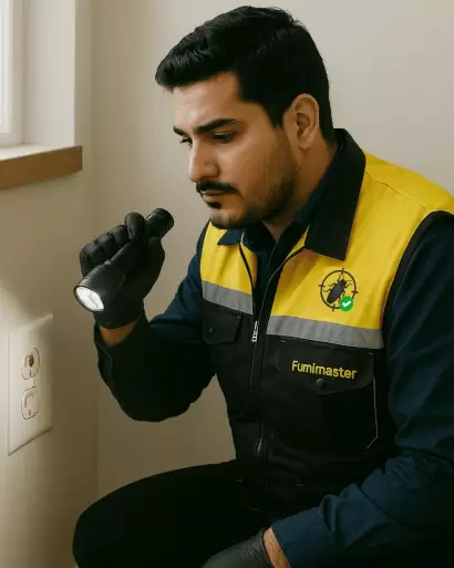 Especialista de Fumimaster revisando con linterna un contacto eléctrico donde pueden esconderse plagas.