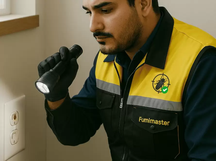 Especialista de Fumimaster revisando con linterna un contacto eléctrico donde pueden esconderse plagas.