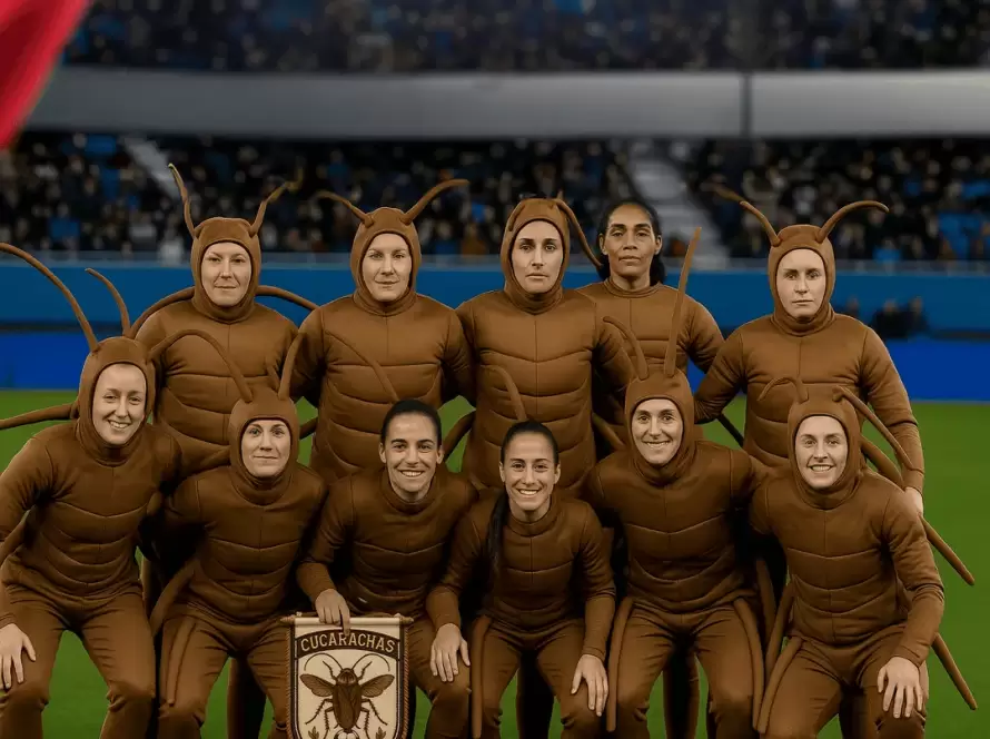 Personas disfrazadas de cucarachas en un equipo de fútbol, representando cómo actúan en grupo y se multiplican rápidamente.