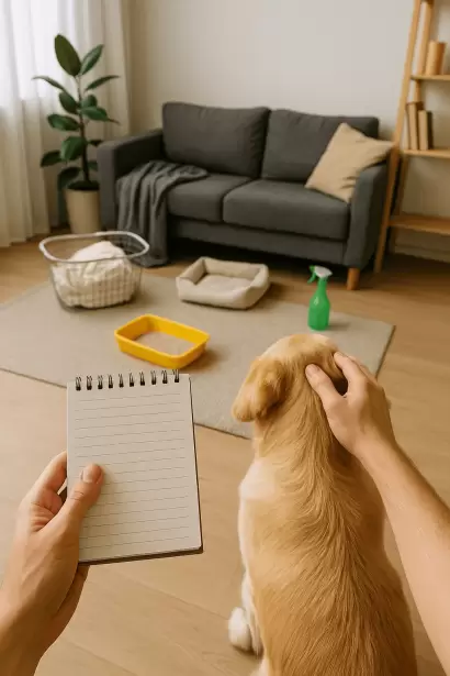 Dueño preparando a su perro antes de una fumigación, con lista en mano para cuidar a su mascota.