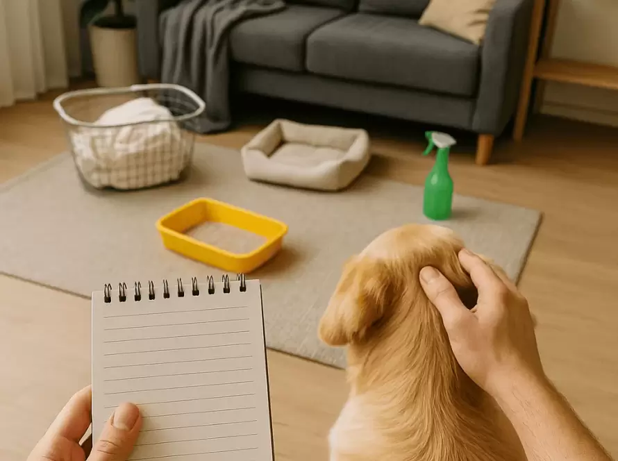 Dueño preparando a su perro antes de una fumigación, con lista en mano para cuidar a su mascota.