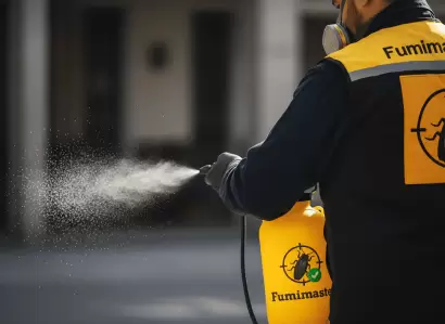 Técnico de Fumimaster aplicando producto con atomizador, seguro para humanos y mascotas.