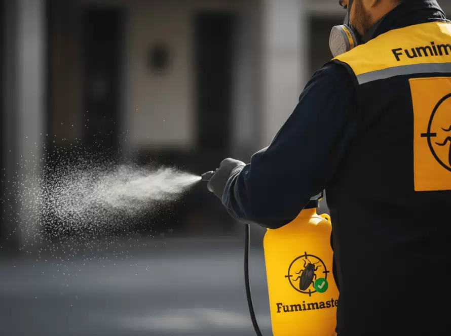 Técnico de Fumimaster aplicando producto con atomizador, seguro para humanos y mascotas.
