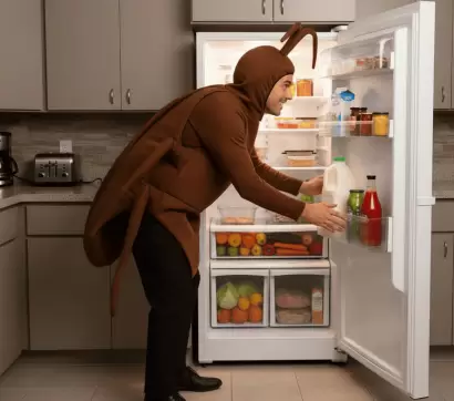Persona disfrazada de cucaracha abriendo un refrigerador, representando cómo contaminan alimentos en la cocina.