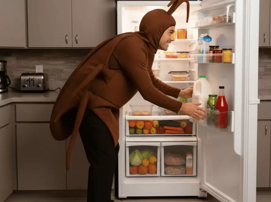 Persona disfrazada de cucaracha abriendo un refrigerador, representando cómo contaminan alimentos en la cocina.