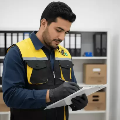 Especialista de Fumimaster con portapapeles revisando frecuencia de fumigación para hogares y negocios.