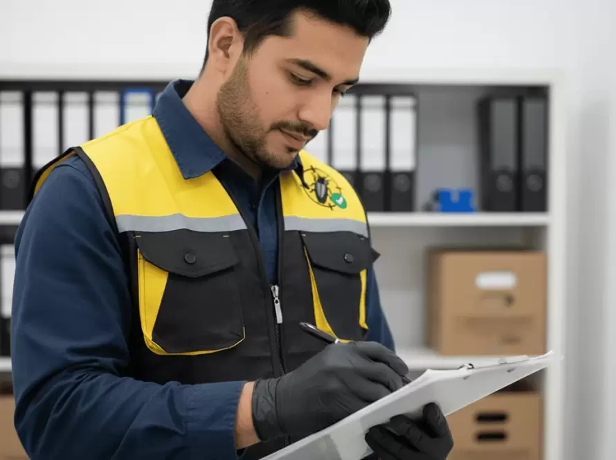 Especialista de Fumimaster con portapapeles revisando frecuencia de fumigación para hogares y negocios.
