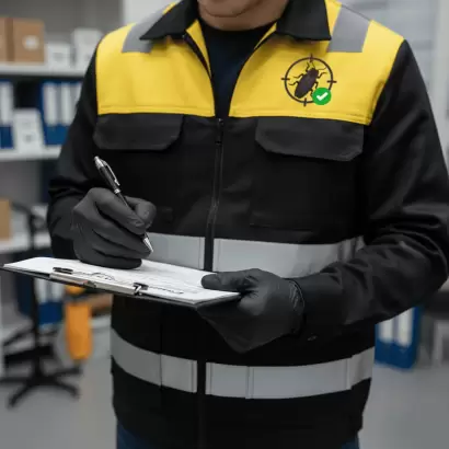 Técnico de Fumimaster llenando documentos de fumigación, requeridos por ley para negocios que manejan alimentos.