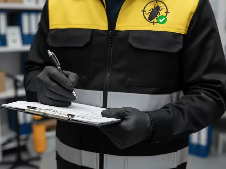 Técnico de Fumimaster llenando documentos de fumigación, requeridos por ley para negocios que manejan alimentos.