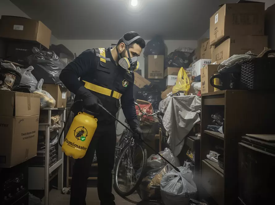 Técnico de Fumimaster fumigando un cuarto lleno de tiliches y cajas para evitar plagas.