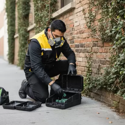 Técnico de Fumimaster colocando trampas discretas para ratones en exteriores.
