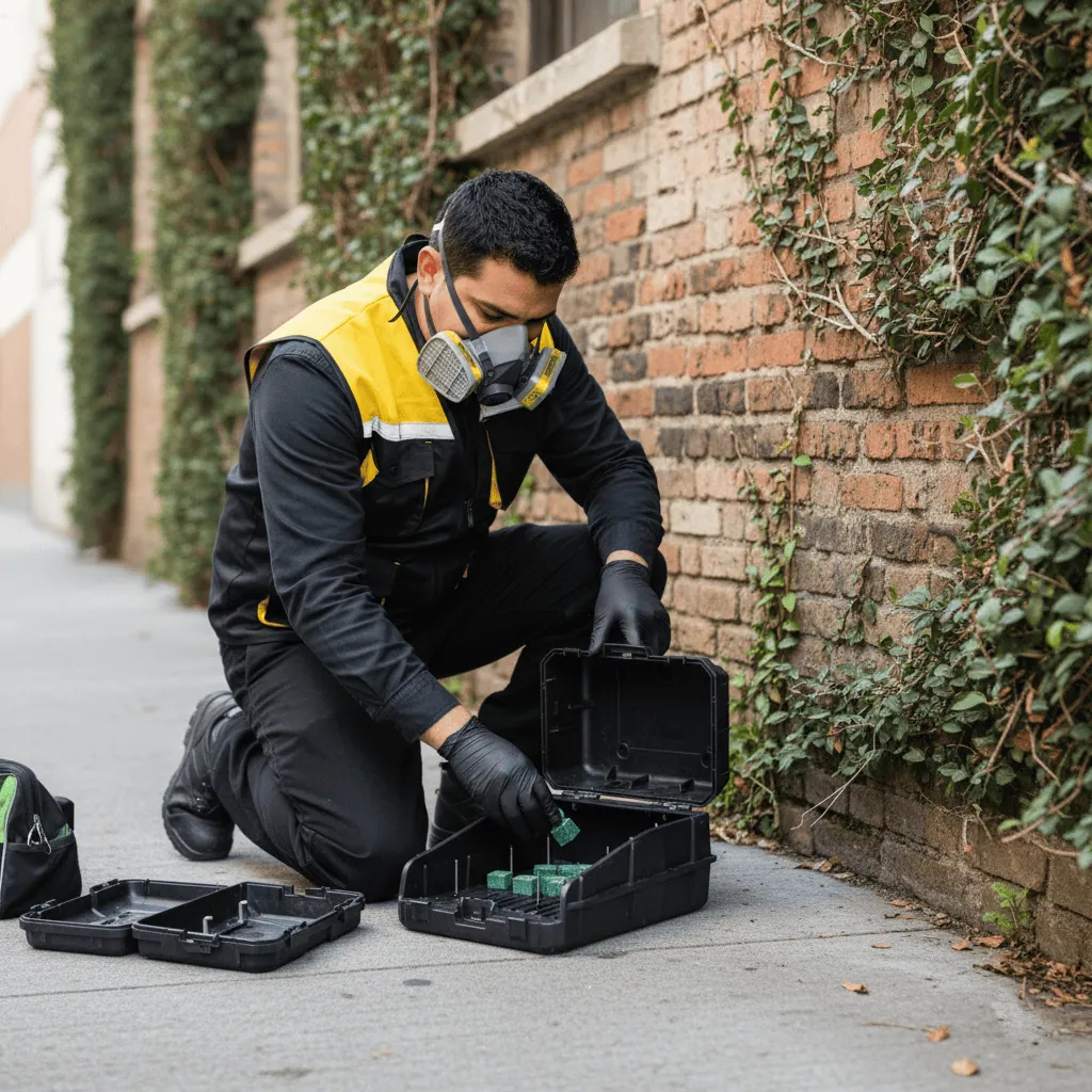 Técnico de Fumimaster colocando trampas discretas para ratones en exteriores.