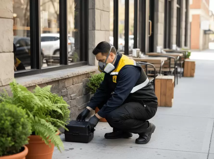 Especialista de Fumimaster colocando caja de control de plagas en la terraza de un restaurante.